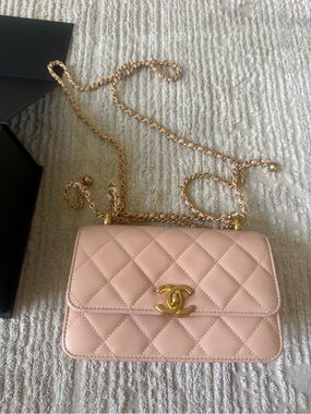 CHANEL Pink Quilted Mini Flap Bag with Gold Chain